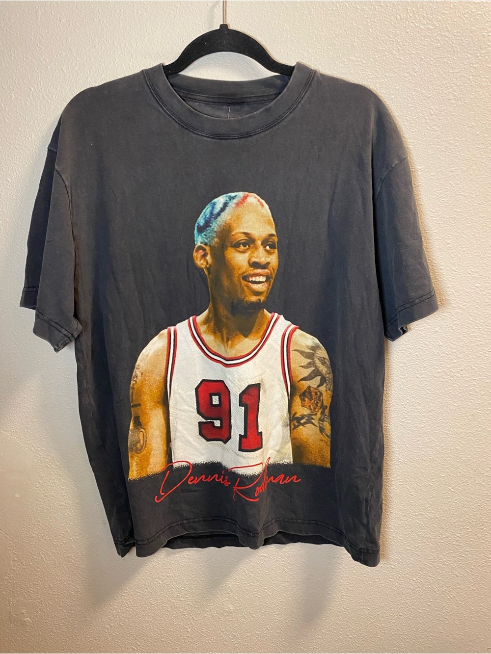 Graphic Tee with Dennis Rodman Portrait in Black